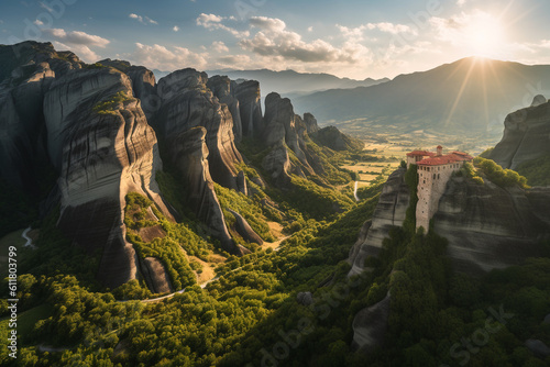 Monastery located on a high rock in the style of Meteora, Greece, created using AI generative technology   photo