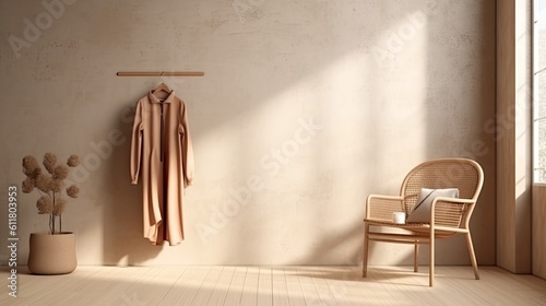 Mockup of a minimalist flat wall inside with clothes on a chair. Background with earthy neutral tones. Light and airy interior with a wooden floor Generative AI © 2rogan
