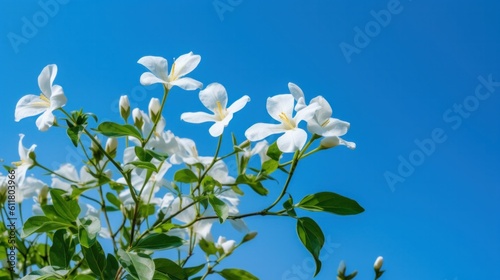 White Jasmine flowers sprig against blue sky. 