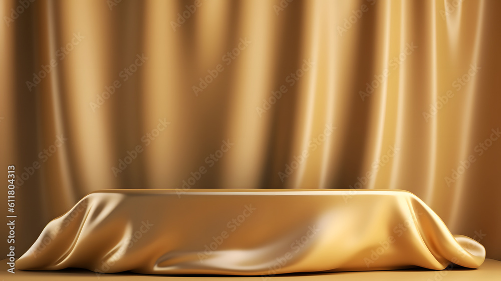 Golden luxurious fabric or cloth placed on top pedestal or blank podium shelf on gold background with luxury concept. Museum or gallery backdrops for product. 