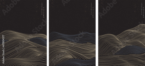 Abstract landscape background with line pattern vector. Japanese wave template in oriental style.