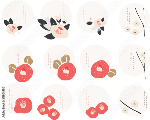 Set of camellia flower icons with Japanese pattern. Abstract banners with circle shape in vintage style. Floral icons template for logo design, flyer or presentation. 