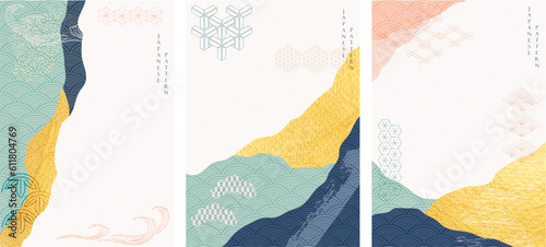Abstract background with gold texture vector. Art acrylic element with Japanese wave pattern in oriental style.