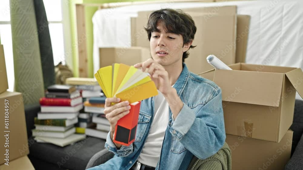 Young hispanic man choosing paint color at new home Young hispanic man choosing paint color at new home