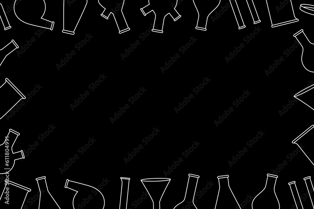Laboratory equipment horizontal banner. Chemical lab measuring equipment. Conical flask, glass beaker, round bottom flask, filter funnel, microscope Laboratory equipment horizontal banner. Chemical lab measuring equipment. Conical flask, glass beaker, round bottom flask, filter funnel, microscope