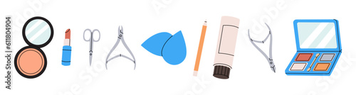 Set of makeup tools. Beauty tools silhouette. Makeup powder, lipstick, nail tongs, cuticle scissor, cosmetic puff, color palette. Vector illustration.
