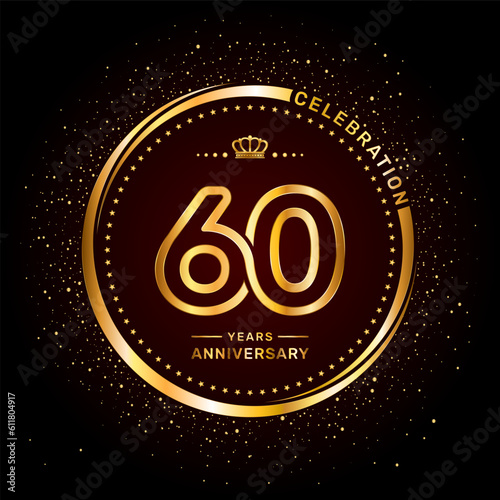 60 year anniversary logo with double line number style and gold color ring, logo vector template