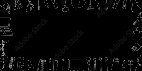 Makeup tools horizontal outline banner. Women's cosmetics. Manicure and pedicure tools, cream, brushes, nail polish, sponge, hair comb, massage roller