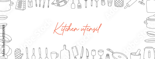 Kitchen utensils horizontal outline banner. Kitchenware and cutlery. Ceramic plates, mug, cup, wineglass, frying pan, sieve, colander, kitchen mitten.