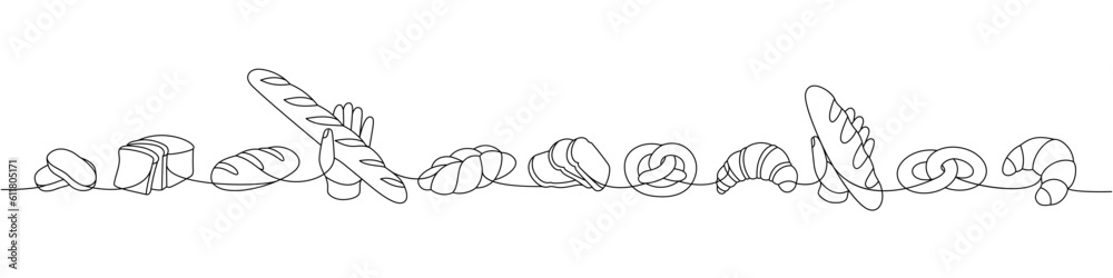 Set of breads one line continuous drawing. Wheat bread, pretzel, ciabatta, croissant, braided bread, french baguette continuous one line illustration. Set of breads one line continuous drawing. Wheat bread, pretzel, ciabatta, croissant, braided bread, french baguette continuous one line illustration.
