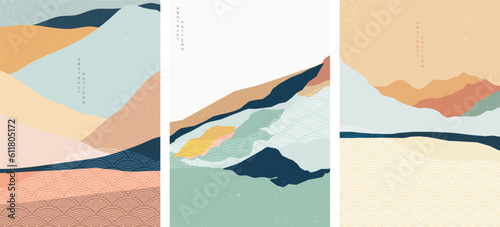 Landscape background with Japanese wave pattern. Abstract template with geometric pattern. Mountain layout design in Asian style. 