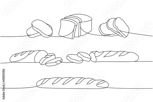 Bakery products one line continuous drawing. Whole grain and wheat bread, ciabatta, toast bread, french baguette continuous one line illustration.