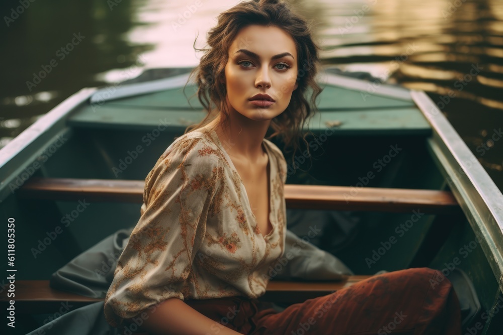 Woman seated in a vintage boat, gently gliding across the tranquil lake. The scene is bathed in a vintage triadic color scheme. Generativa AI