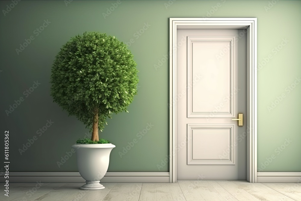 Fototapeta premium View of the room's green wall and closed white door. Design banner Generative AI