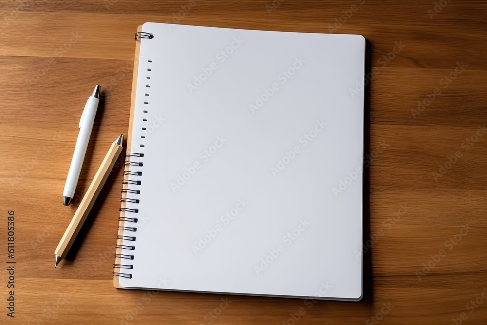 Concept empty tablet with copy space, composed of white recycled paper, and a ballpoint pen's shadow on light oak. Generative AI Concept empty tablet with copy space, composed of white recycled paper, and a ballpoint pen's shadow on light oak. Generative AI