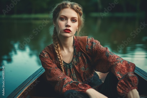 Woman seated in a vintage boat, gently gliding across the tranquil lake. The scene is bathed in a vintage triadic color scheme. Generativa AI photo