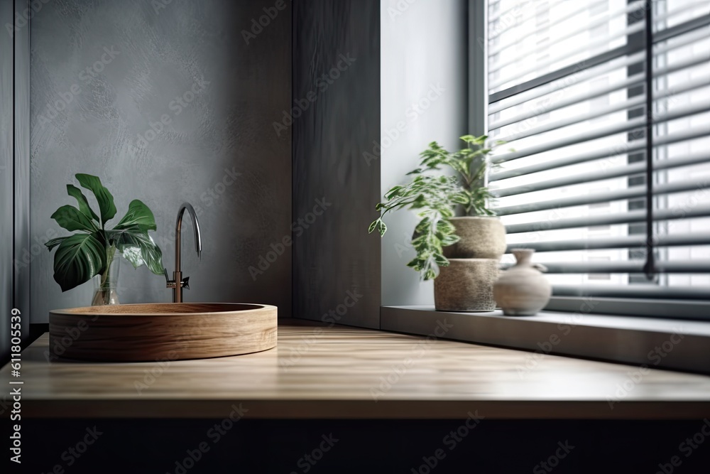 Corner sink in a gray kitchen with a little window, wooden surfaces. close up mock-up toned double-exposed image Generative AI