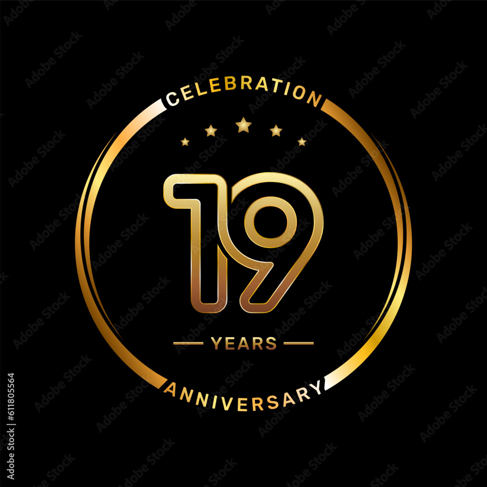19th anniversary logo with double line number style and gold color ring, logo vector template