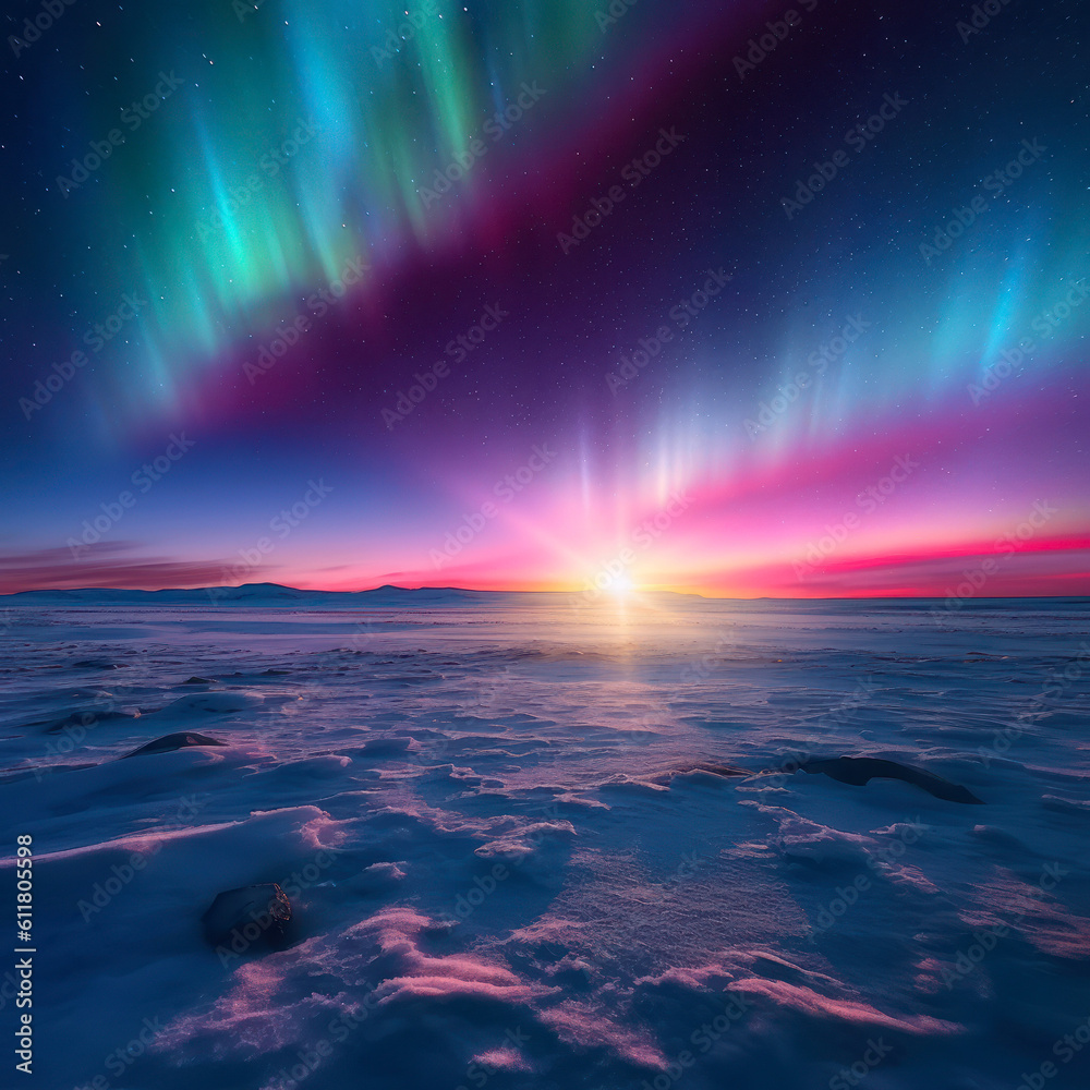 Shimmering Aurora Dances Over Tundra Plains at Dawn, AI