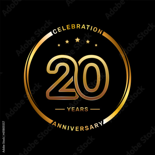 20th anniversary logo with double line number style and gold color ring, logo vector template