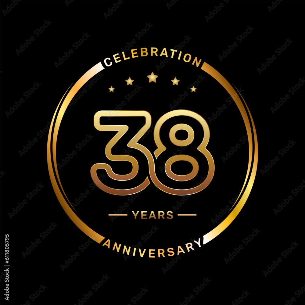 38th anniversary logo with double line number style and gold color ring, logo vector template
