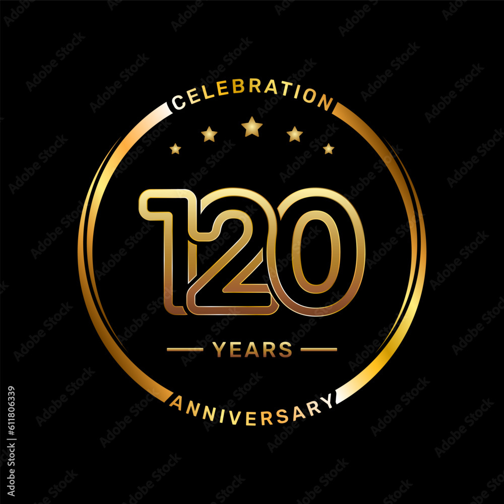 120th anniversary logo with double line number style and gold color ring, logo vector template