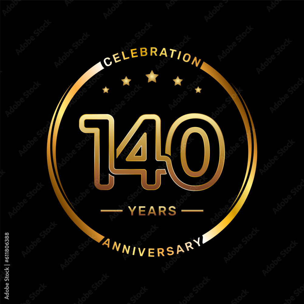 140th anniversary logo with double line number style and gold color ring, logo vector template