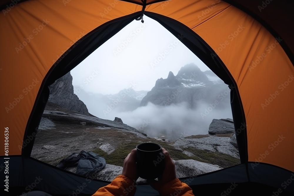 first person view of a person resting inside a camping tent on the mountain, point of view of a hiker man, traveler woman at the campfire having coffee looking at the bonfire at morning, generative AI