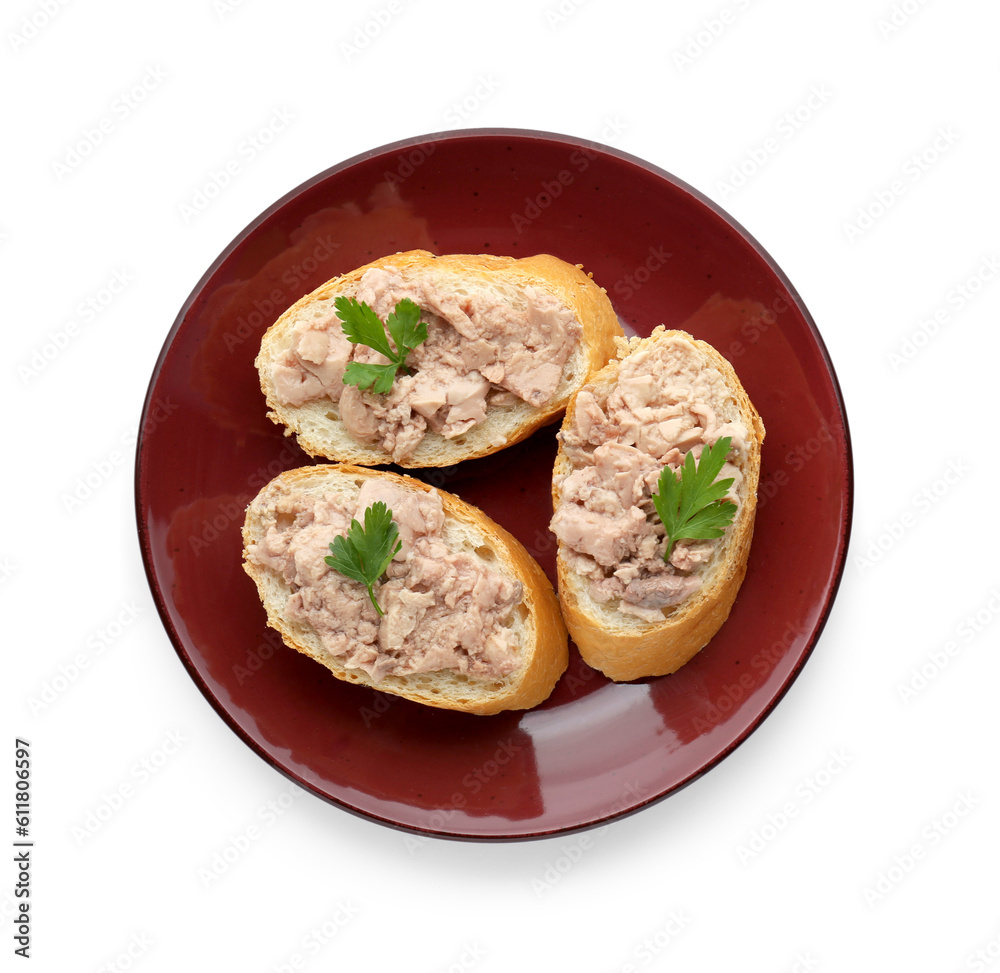 Tasty sandwiches with cod liver and fresh parsley isolated on white, top view Tasty sandwiches with cod liver and fresh parsley isolated on white, top view