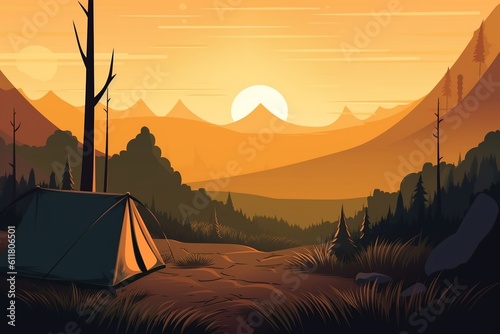 illustration of a campig tent on the mountain forest at sunrise or sunset, cosy scene of hiking and camp on the nature, summer trip to the lake, generative AI