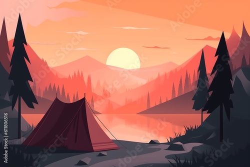 illustration of a campig tent on the mountain forest at sunrise or sunset, cosy scene of hiking and camp on the nature, summer trip to the lake, generative AI © Alan