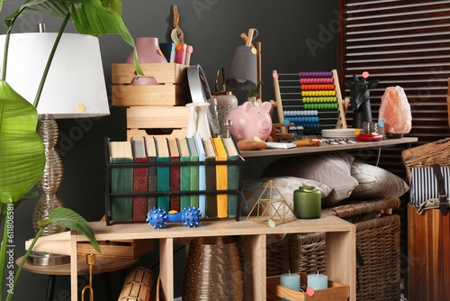 Many different stuff in room. Garage sale