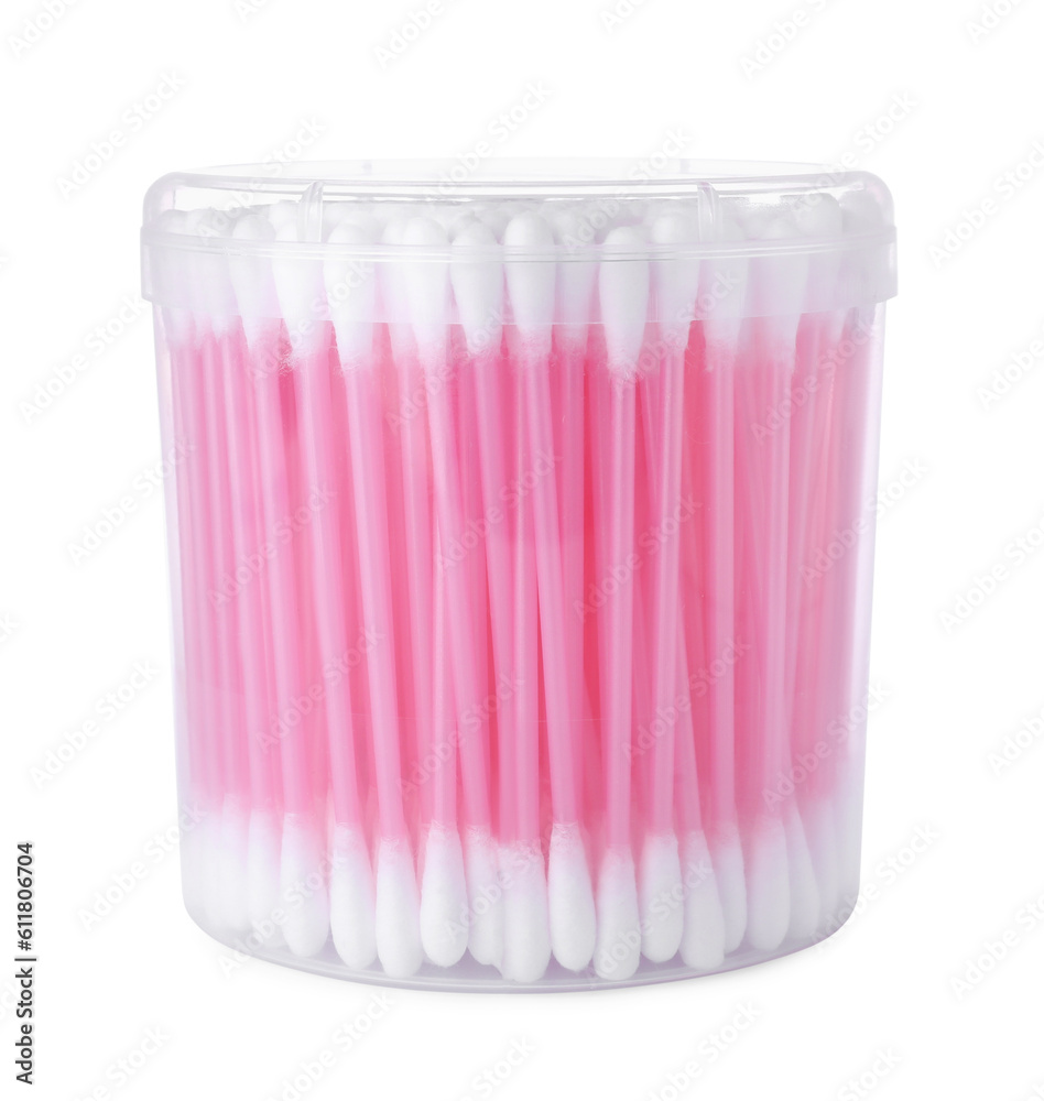 Cotton buds in plastic container isolated on white Cotton buds in plastic container isolated on white
