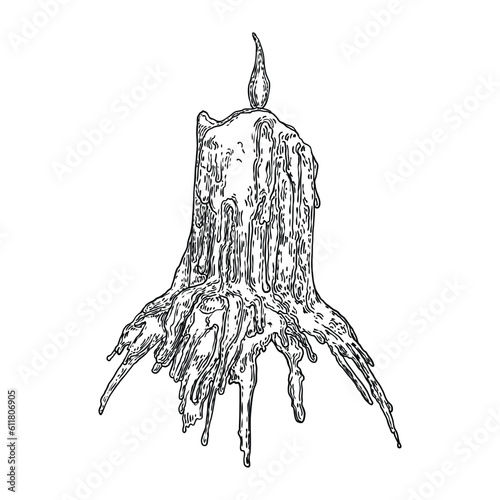 Magic candle for skull. Witchcraft burning candle black line art. Witchy hand drawing waxy candlelight. Vector.