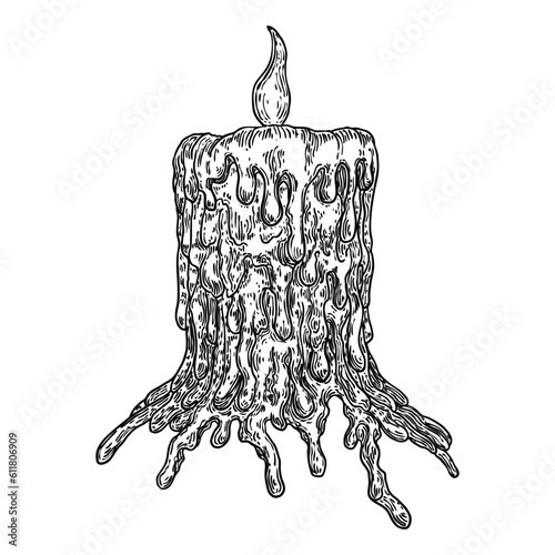 Magic candle for skull. Witchcraft burning candle black line art. Witchy hand drawing waxy candlelight. Vector.