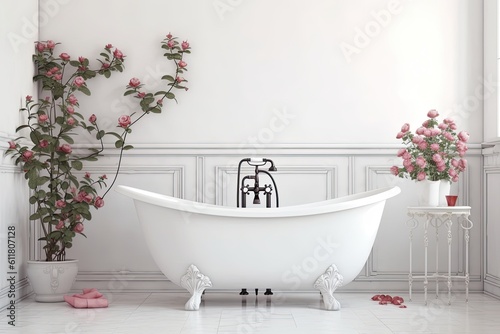 Beautiful bathtub  bathroom fixtures  a towel  a plant  a ladder  and roses are all included in this pleasant  white bathroom. minimal style. background of a bathroom Mockup. Generative AI