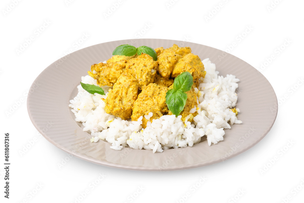 Delicious rice and chicken with curry sauce isolated on white Delicious rice and chicken with curry sauce isolated on white