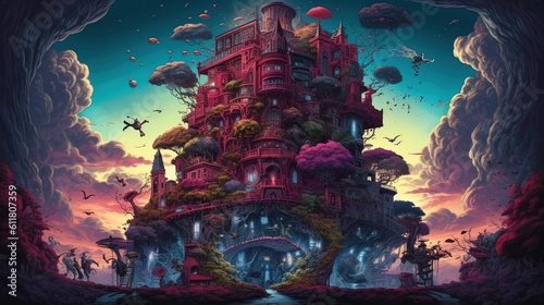 A giant tree with houses in the middle of a surreal garden. Fantasy concept , Illustration painting. Generative Ai