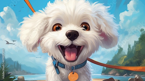 Charming smiling cartoon Havana bichon on the background of the lake. Fantasy concept , Illustration painting. Generative Ai photo