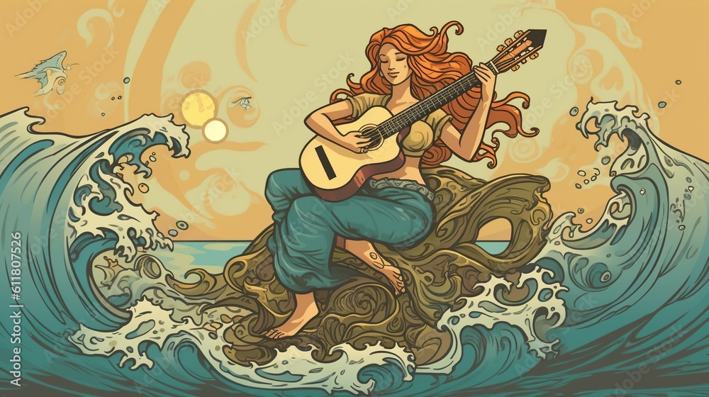 A mermaid playing a guitar on a rock. Fantasy concept , Illustration painting. Generative Ai