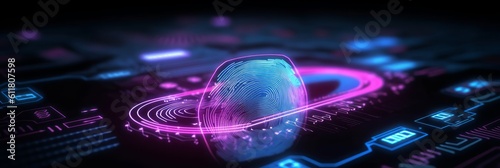 a concept of a futuristic holographic cyber security technology using finger prints and biometric data. ultra wide aspect ratio 3:1 . Generative AI