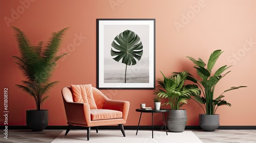 mock-up poster frames in a contemporary setting with a chair and a large plant. Generative AI