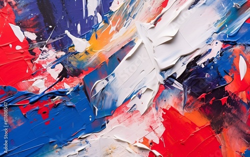 an abstract painting that has a blend of orange, yellow, white, red and blue