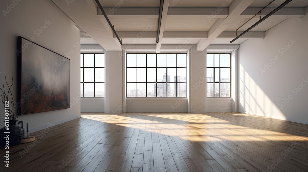 Obraz premium A modern, light-filled room with an empty frame. Generative AI