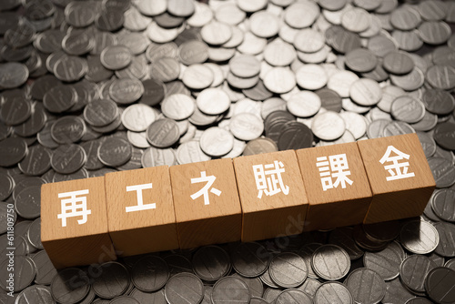 Foto 再エネ賦課金のイメージ｜木のブロックとコイン