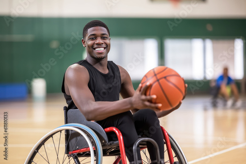 African american disabled man playing basketball, wheelchair, disability, sports, active, happy, smiling, generative ai