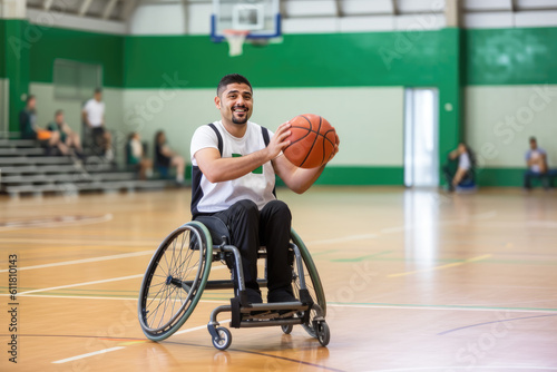 Fotografering Latino disabled man playing basketball, wheelchair, disability, sports, active,