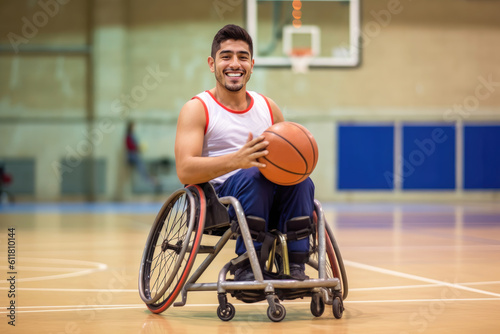 Print op canvas Latino young disabled man playing basketball, wheelchair, disability, sports, ac