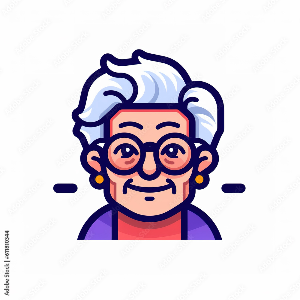 Smiley old woman with galsses cartoon avatar icon flat vector art isolated on white background. Minimal grandma cartoon solid color bold outline art style. Digital illustration generative AI.