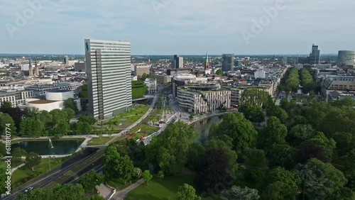 Drone shot of Dreischeibenhaus , a Skyscraper in Düsseldorf , North Rhine-Westphalia , Germany photo